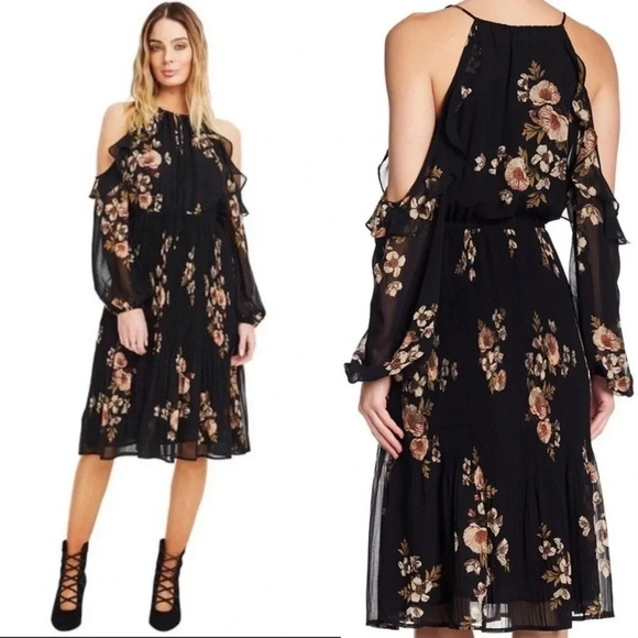 ASTR The Label Black Persephone Floral print Cold Shoulder Midi Dress Size XS - Picture 4 of 12